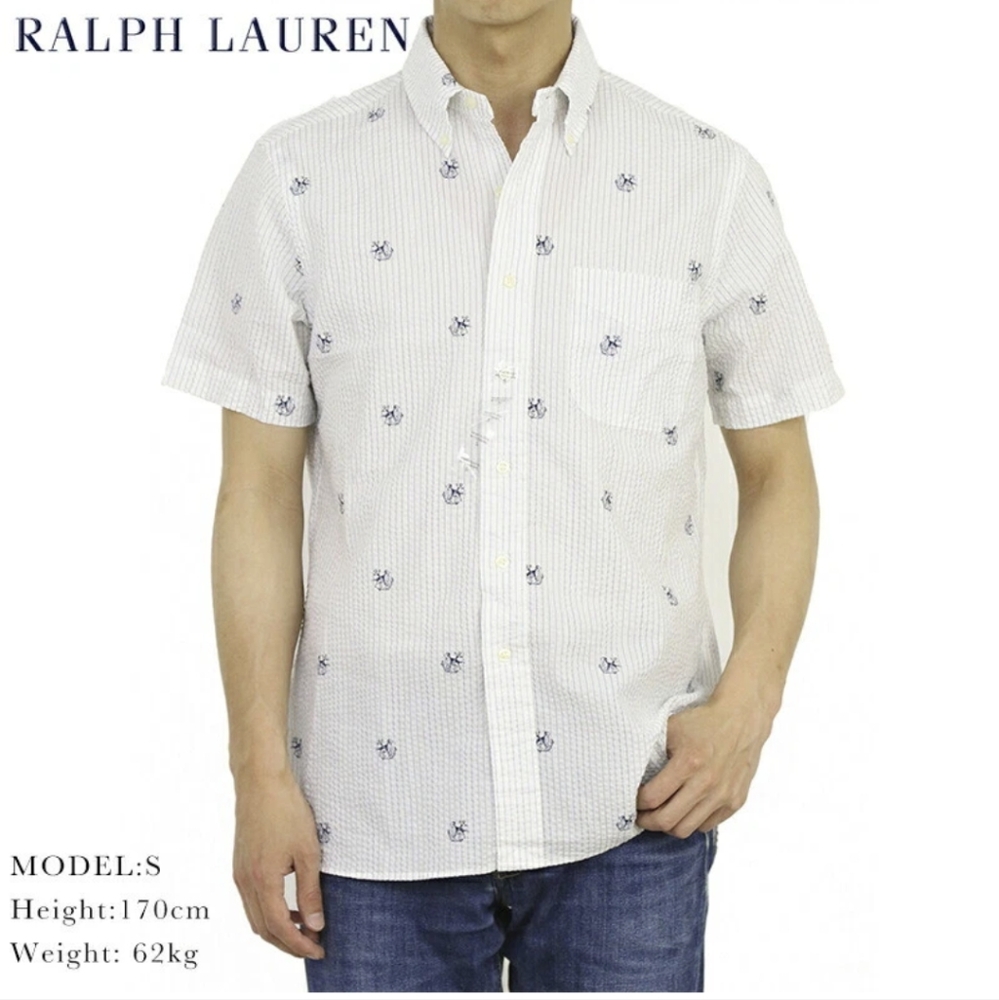 Ralph Lauren Cotton Button Tee Shirt Nautical Seersucker Blue White Men's Large